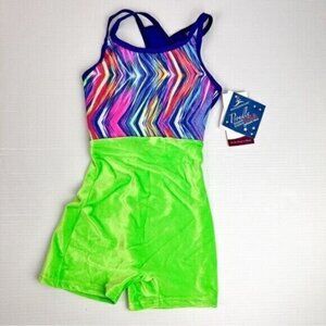 Motionwear Girls Crisscross Back Lime Velvet Gymnastics Biketard Size 8-10 NWT